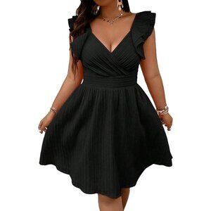Women's Plus Size Wrap Front Dress Black A Line Casual Work Vacation